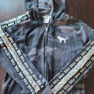 PINK Victoria's Secret Gray Camo Zip Hoodie with Sequin Sleeve Trim